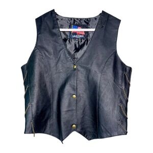 Leather Biker Vest Men's XL 2XL Black Chain Side Moto Snap Y2K Unisex Vintage